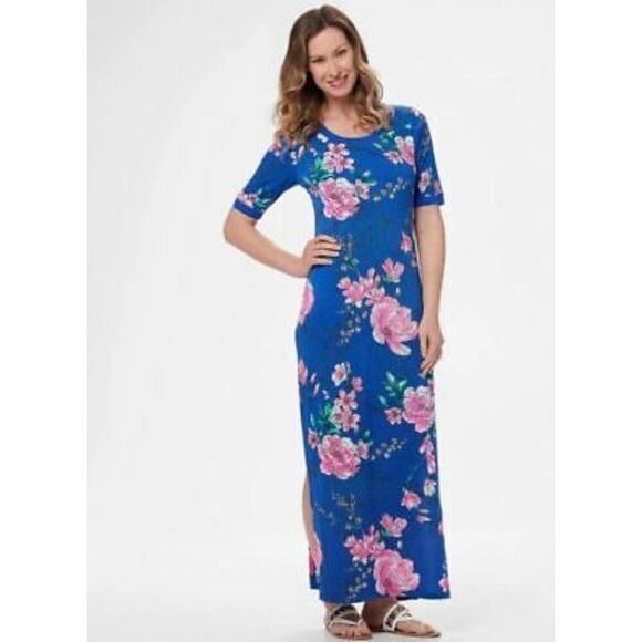 G.I.L.I Women Blue Floral Side Slit Maxi T-Shirt Dress Size L - Picture 1 of 10